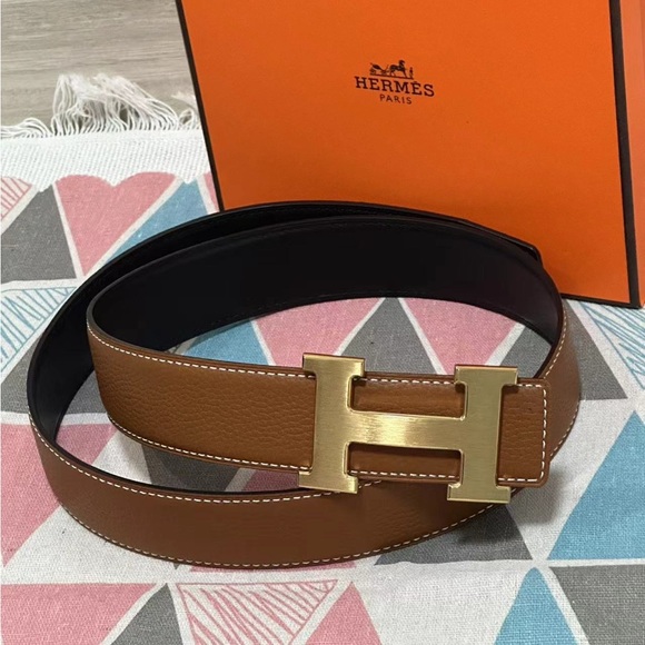 Hermes Brown Leather Belt with Gold Buckle - Picture 1 of 5